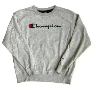 Champion Mens Crewneck Long Sleeve Sweatshirt Gray Classic Front Script Large